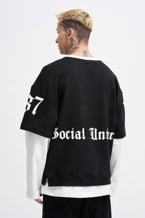 Erkek Contrast Layerd Sweatshirt Siyah-Ekru