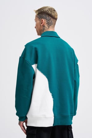 Erkek Distressed Stitch and Embroidered Polo Sweatshirt Yağ Yeşili-Ekru