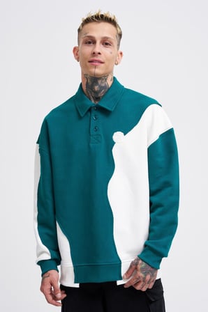Erkek Distressed Stitch and Embroidered Polo Sweatshirt Yağ Yeşili-Ekru
