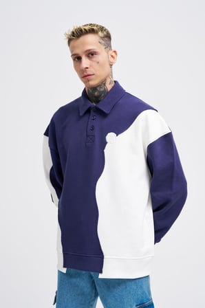 Erkek Distressed Stitch and Embroidered Polo Sweatshirt Gece Mavisi-Ekru