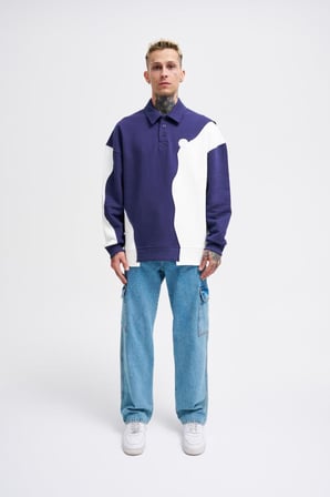 Erkek Distressed Stitch and Embroidered Polo Sweatshirt Gece Mavisi-Ekru