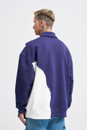 Erkek Distressed Stitch and Embroidered Polo Sweatshirt Gece Mavisi-Ekru