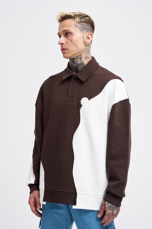 Erkek Distressed Stitch and Embroidered Polo Sweatshirt Koyu Kahverengi-Ekru