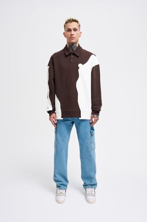 Erkek Distressed Stitch and Embroidered Polo Sweatshirt Koyu Kahverengi-Ekru