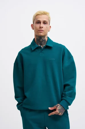 Erkek Basic Diagonal Polo Sweatshirt Yağ Yeşili