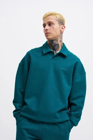 Erkek Basic Diagonal Polo Sweatshirt Yağ Yeşili