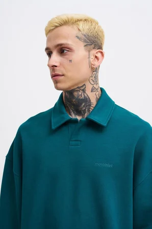 Erkek Basic Diagonal Polo Sweatshirt Yağ Yeşili