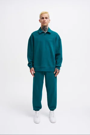 Erkek Basic Diagonal Polo Sweatshirt Yağ Yeşili