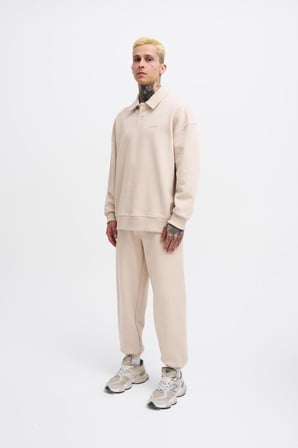 Erkek Basic Diagonal Polo Sweatshirt Açık Bej