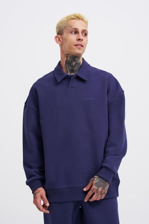 Erkek Basic Diagonal Polo Sweatshirt Gece Mavisi