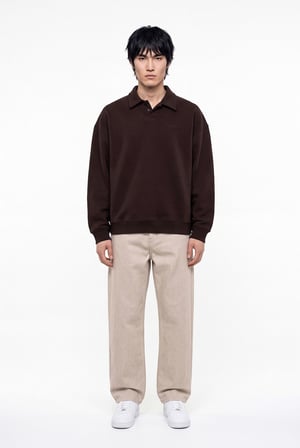 Erkek Basic Diagonal Polo Sweatshirt Koyu Kahverengi