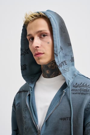Erkek Printed and Washing Fermuarlı Kapüşonlu Sweatshirt Gri