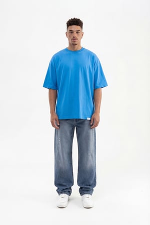 Erkek Basic Super Pamuklu Oversize Tişört Mavi