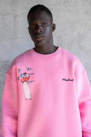 Erkek Figür Nakışlı Şardonlu Sweatshirt Pembe