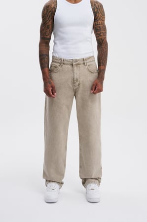 Erkek Relaxed Baggy Jean Pantolon Bej