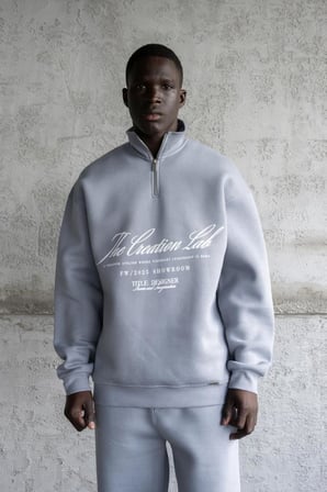 Erkek Baskılı Nakışlı Yüksek Yaka Sweatshirt Mavi-Duman