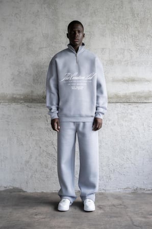 Erkek Baskılı Nakışlı Yüksek Yaka Sweatshirt Mavi-Duman