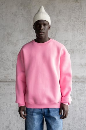 Erkek Basic Bisiklet Yaka Oversize Sweatshirt Pembe