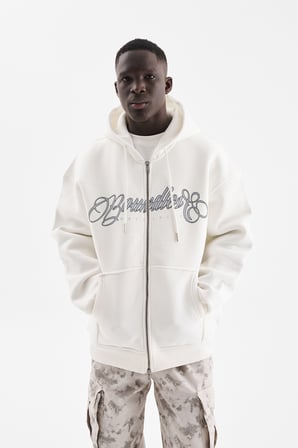 Erkek Baskılı Fermuarlı Kapüşonlu Sweatshirt Ekru