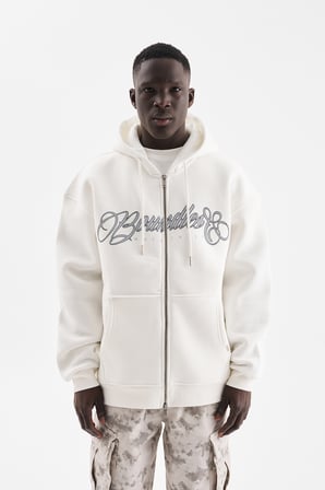 Erkek Baskılı Fermuarlı Kapüşonlu Sweatshirt Ekru