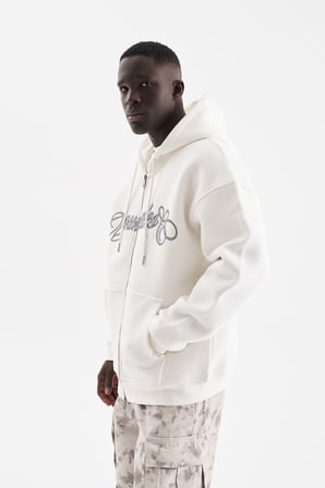 Erkek Baskılı Fermuarlı Kapüşonlu Sweatshirt Ekru