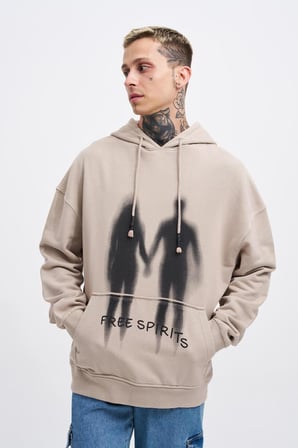 Erkek Free Sprit Yıkamalı Oversize Sweatshirt Açık Bej