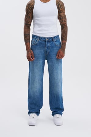 Erkek Machinist Loose Fit Jean Pantolon Mavi