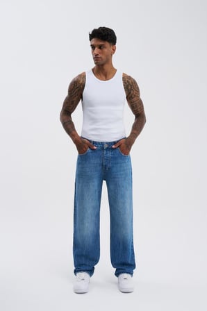 Erkek Machinist Loose Fit Jean Pantolon Mavi