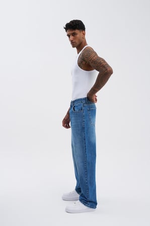 Erkek Machinist Loose Fit Jean Pantolon Mavi