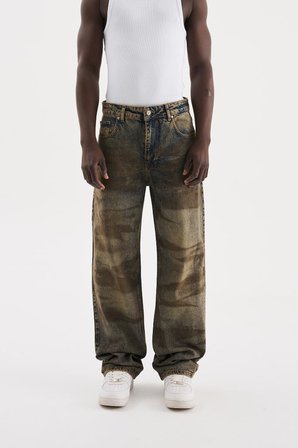 Erkek Pigment Kaplama Efektli Baggy Jean Pantolon Mavi-Kahverengi