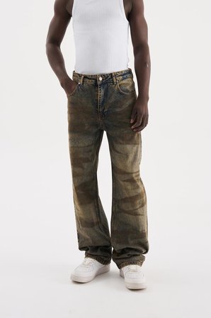 Erkek Pigment Kaplama Efektli Baggy Jean Pantolon Mavi-Kahverengi