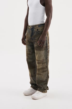 Erkek Pigment Kaplama Efektli Baggy Jean Pantolon Mavi-Kahverengi