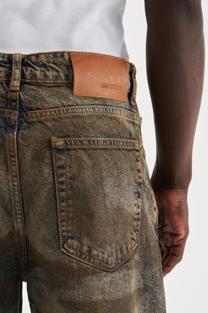 Erkek Pigment Kaplama Efektli Baggy Jean Pantolon Mavi-Kahverengi