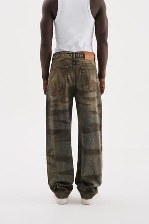 Erkek Pigment Kaplama Efektli Baggy Jean Pantolon Mavi-Kahverengi