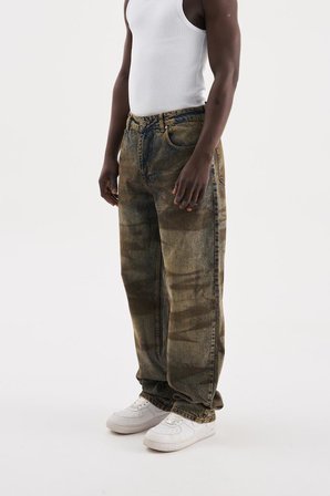 Erkek Pigment Kaplama Efektli Baggy Jean Pantolon Mavi-Kahverengi