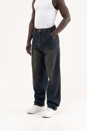Erkek Basic Baloon Fit Baggy Jean Pantolon Mavi-Kahverengi