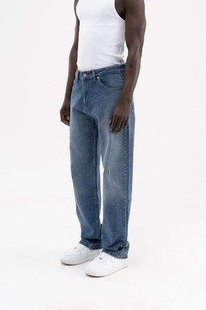 Erkek Distressed Effected Baggy Jean Pantolon Mavi