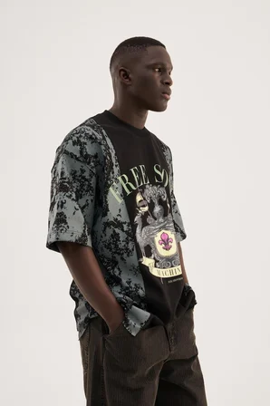Erkek Free Soul Printed Oversize Tişört Siyah