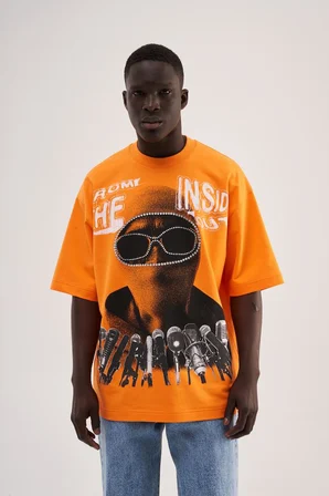 Erkek Rhinestone and Printed Oversize Tişört Elektrik-Turuncu
