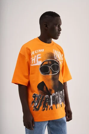 Erkek Rhinestone and Printed Oversize Tişört Elektrik-Turuncu