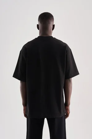 Erkek Patchwork Printed Oversize Tişört Siyah