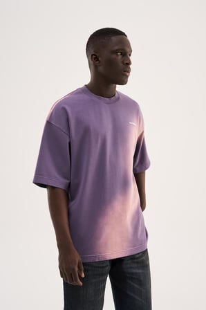 Erkek Romanticism Baskılı Yıkamalı Oversize Tişört Mor