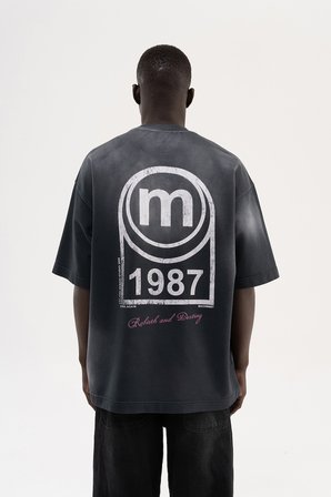 Erkek M Logo Baskılı Yıkamalı Oversize Tişört Siyah
