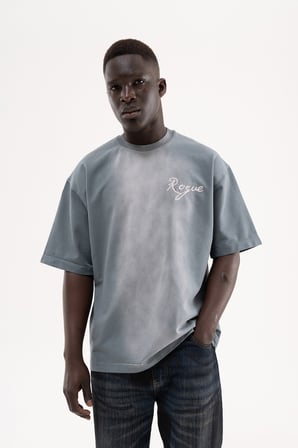 Erkek Printed and Embroidered Tişört Gri