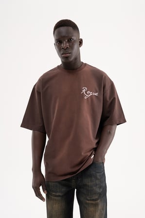 Erkek Printed and Embroidered Tişört Koyu Kahverengi