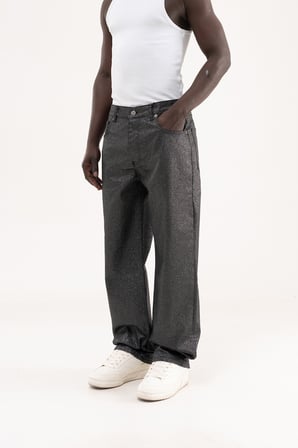 Erkek Simli Kaplama Kumaş Baggy Jean Pantolon Siyah