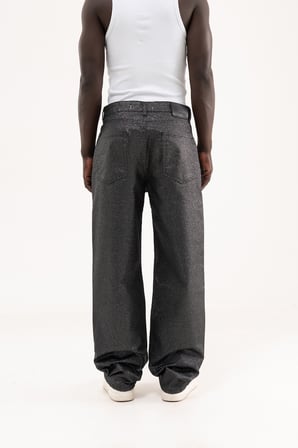Erkek Simli Kaplama Kumaş Baggy Jean Pantolon Siyah
