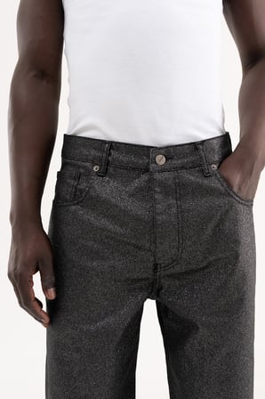 Erkek Simli Kaplama Kumaş Baggy Jean Pantolon Siyah