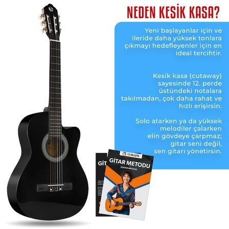 Fourtune Luca CW-200BK Kesik Kasa Siyah Klasik Gitar Seti 4/4 Sap Ayarlı (Cutaway)