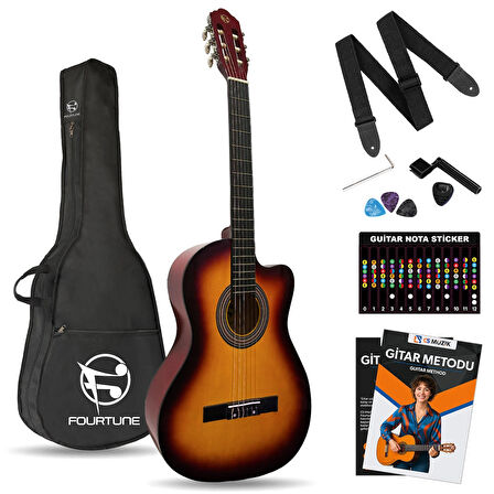 Fourtune Luca CW-200SB Sunburst Kesik Kasa Klasik Gitar Seti 4/4 Sap Ayarlı (Cutaway)